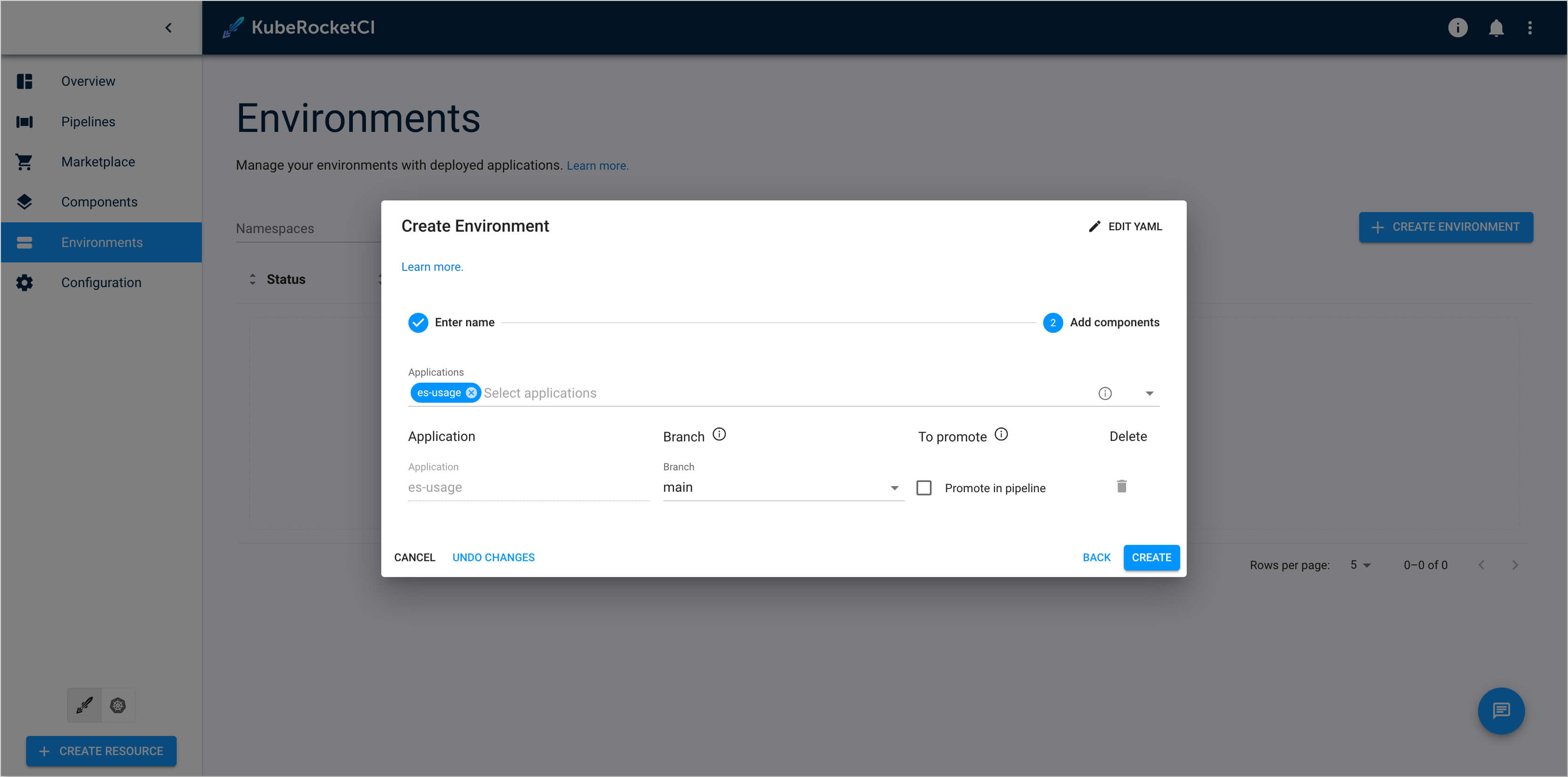 Applications tab with parameters CD Pipeline Add Application