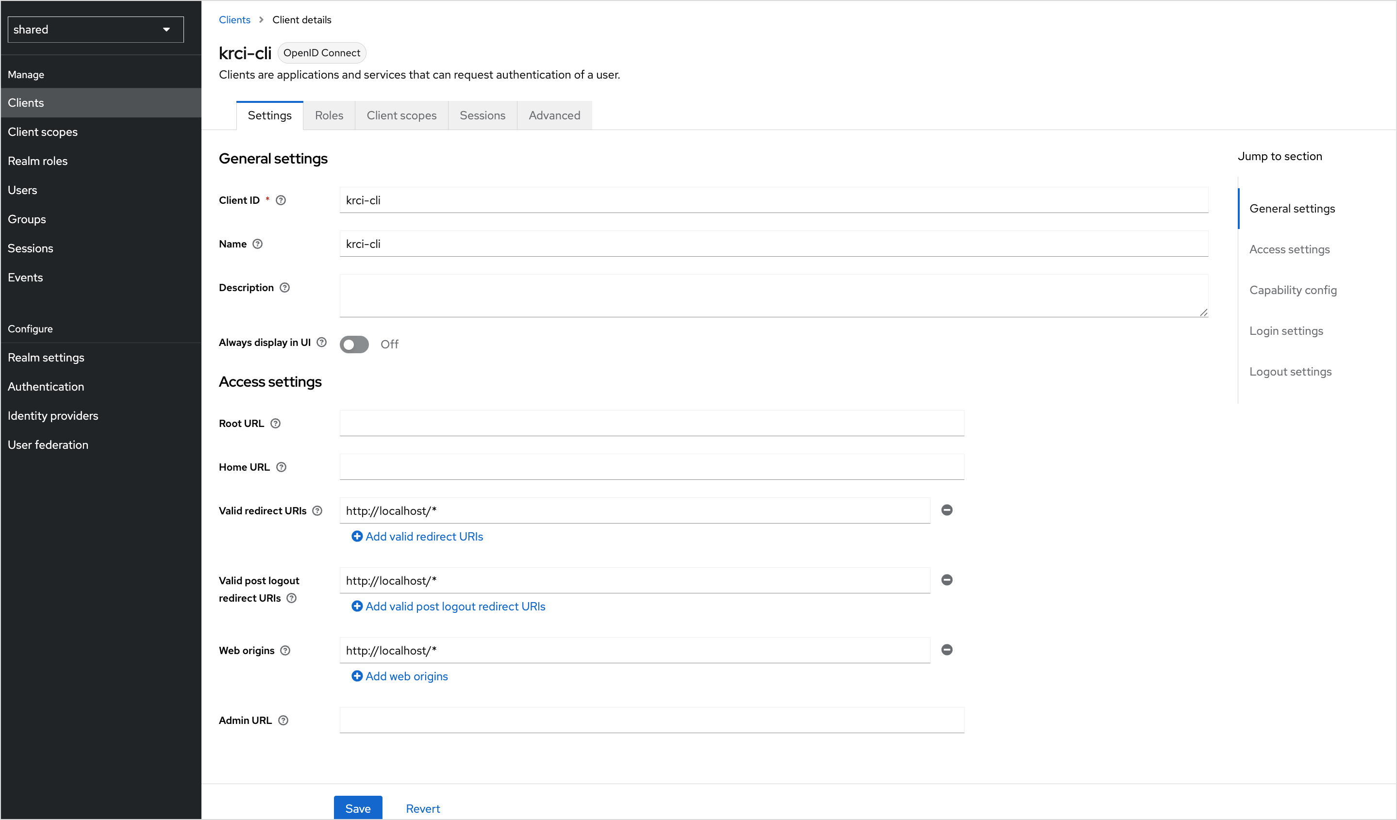 Keycloak client access settings β client ID, redirect URIs, and web origins